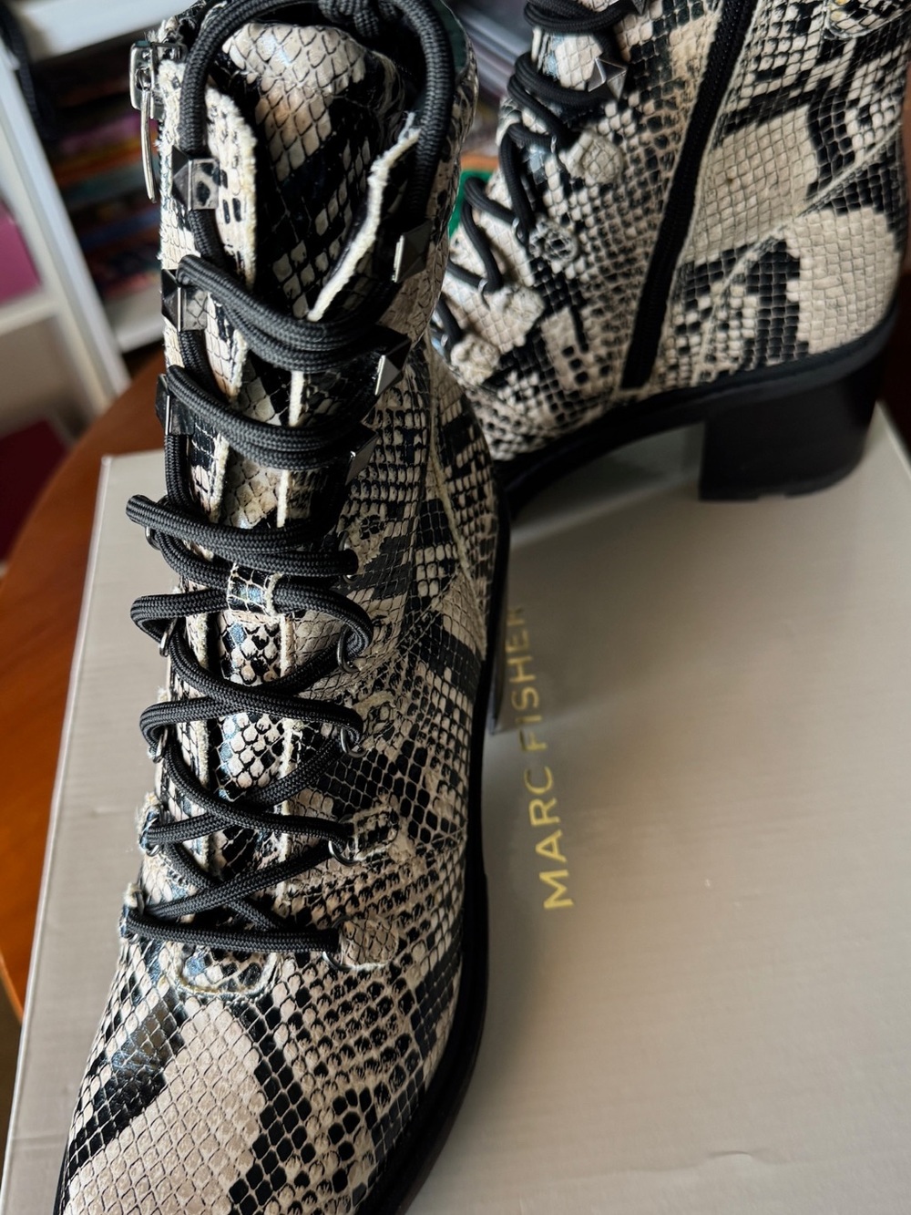 Marc Fisher Black and White Snake-Print Lace-Up Combat Boots